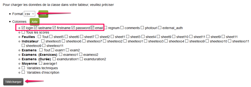 page de configuration du t�l�chargement du fichier de donn�es